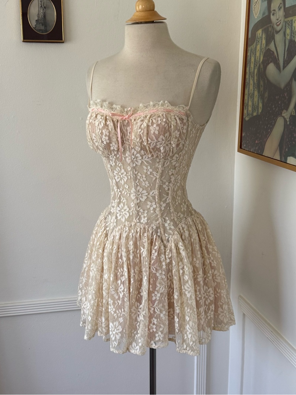 Cream Lace Babydoll Chemise with Pink Ribbon Accent